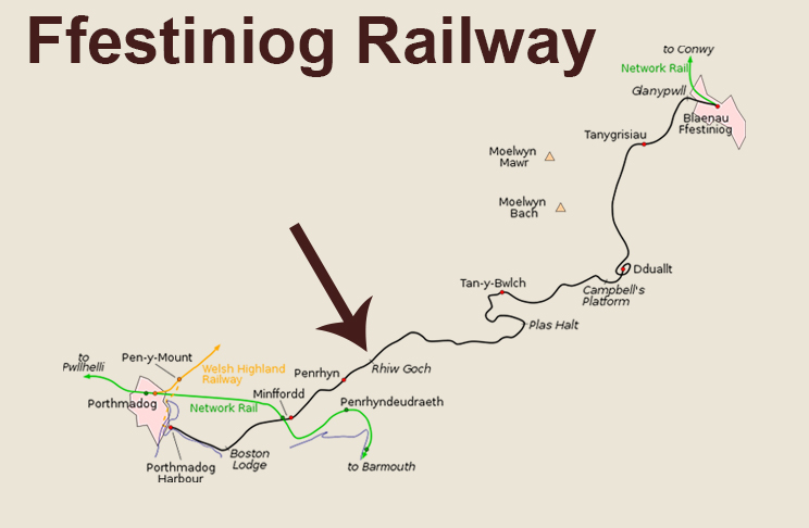 Map showing Rhiw Goch on the Ffestiniog Railway
